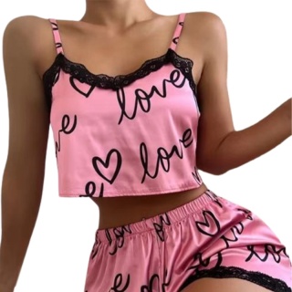 2-częściowy zestaw damski piżama z krótkimi spodenkami garnitur Homewear bielizna z nadrukiem Pijama seksowna bielizna kamizelki zbiorniki koszulka nocna damska bielizna nocna