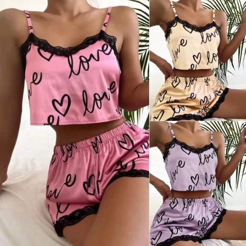 2-częściowy zestaw damski piżama z krótkimi spodenkami garnitur Homewear bielizna z nadrukiem Pijama seksowna bielizna kamizelki zbiorniki koszulka nocna damska bielizna nocna