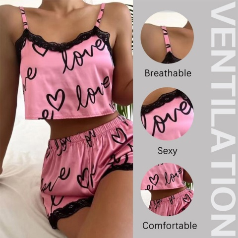 2-częściowy zestaw damski piżama z krótkimi spodenkami garnitur Homewear bielizna z nadrukiem Pijama seksowna bielizna kamizelki zbiorniki koszulka nocna damska bielizna nocna