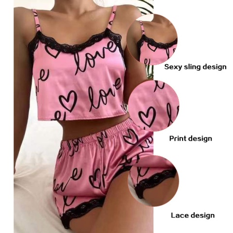2-częściowy zestaw damski piżama z krótkimi spodenkami garnitur Homewear bielizna z nadrukiem Pijama seksowna bielizna kamizelki zbiorniki koszulka nocna damska bielizna nocna