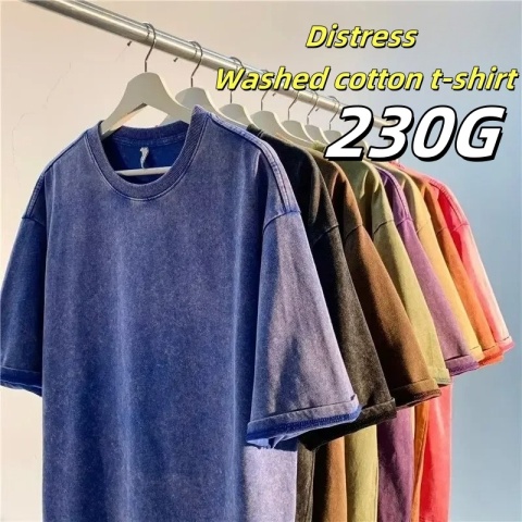 Męska damska koszulka z krótkim rękawem w stylu retro American Style, ciężka, jednolita, letnia, modna, sprana, postarzana, oversize.