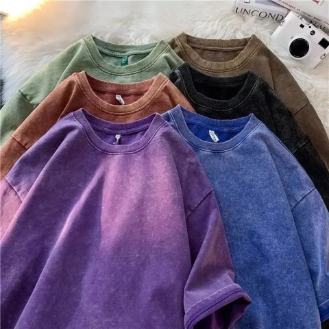 Męska damska koszulka z krótkim rękawem w stylu retro American Style, ciężka, jednolita, letnia, modna, sprana, postarzana, oversize.
