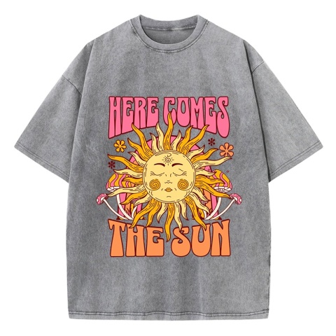 Oversize Damska koszulka bawełniana Here Comes The Sun Nadruki T-Shirty Casual O-Neck Topy z krótkim rękawem Luźne ubrania damskie