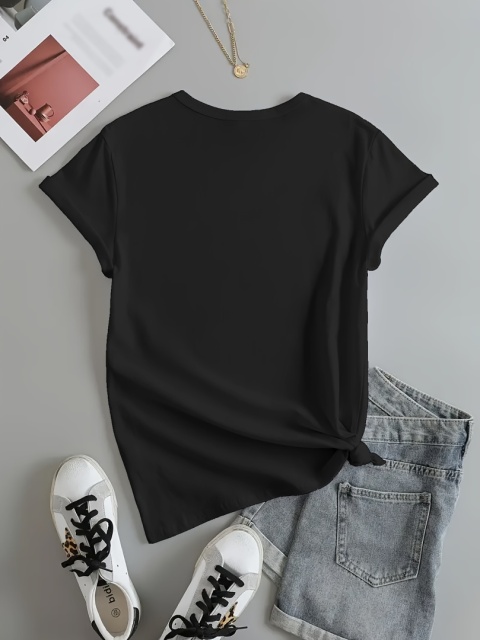 T-shirt z nadrukiem kota, krótkim rękawem i okrągłym dekoltem, swobodny top na letnią i wiosenną odzież damską