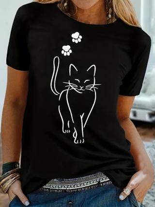 T-shirt z nadrukiem kota, krótkim rękawem i okrągłym dekoltem, swobodny top na letnią i wiosenną odzież damską