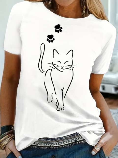 T-shirt z nadrukiem kota, krótkim rękawem i okrągłym dekoltem, swobodny top na letnią i wiosenną odzież damską